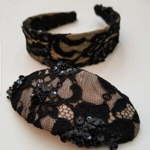 Vintage 1980s Head Master Black & Nude Sequined Lace Headband & Barrette Set
